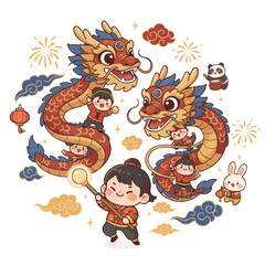 Playful red dragon dance. Lunar New Year joy. Little dragon tamers, dancers. Chasing pearl, festive parade of luck. Asian dragons, kids, clouds. Magical dragon parade
