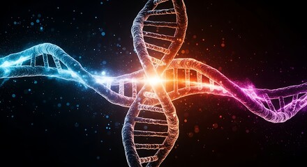 Abstract digital representation of a glowing dna double helix structure with intersecting strands in vibrant blue and orange light against a dark background, symbolizing genetics and biotechnology
