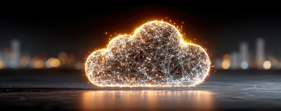 Glowing cloud icon formed by network data points against a dark cityscape that conveys digital intelligence - Powered by Adobe