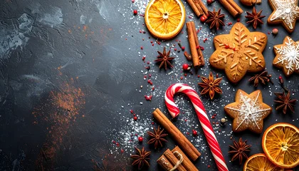Tableau sur plexiglas Cuisine Galletas navideñas, bastón de caramelo y especias sobre fondo oscuro invernal  © EBG Stock Studio