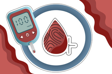 Illustration of Blood Glucose Testing with Fingerprint and Drop of Blood for Medical Education and World Diabetes Day Awareness