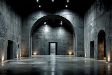 Obraz premium Dark empty concrete hall with archway and subtle uplighting in a large industrial space