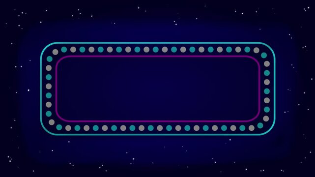 A vibrant neon light frame with blue and magenta borders on a dark starry background, perfect for retro designs.