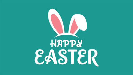 Cute cartoon bunny ears and Happy Easter typography on a vibrant teal background for springtime holiday greeting card design