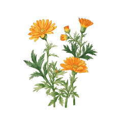 Calendula medicinal herb flowers watercolor botanical illustration. Hand drawn vintage style calendula officinalis anti inflammatory healing plant blossoms element isolated on white background