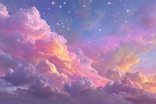 Pastel colored sky with fluffy clouds and twinkling stars creates a dreamy celestial atmosphere - Powered by Adobe