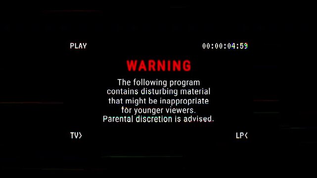 The beginning segment of an old (fake) noisy VHS tape, showing a warning about its (very physical) content. 4K video.