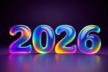 Glossy multicolor 2026 digits on dark background. 3D illustration style. New Year celebration concept. Design for banner, poster, greeting card, invitation. Front view,