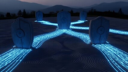 Drone View of Stone Zen Garden with Glowing Binary Data Streams Around Monolithic Shields