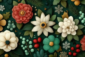 Obraz premium Illustration of Christmas flowers and greenery with snowflakes and berries for festive decor