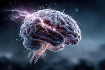 Obraz premium Electric brain: a luminous illustration of neural activity and lightning around the brain