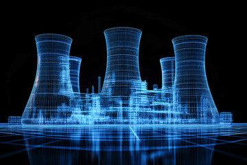 This digital illustration highlights a glowing wireframe nuclear power plant, symbolizing innovative future energy solutions against a dark background
