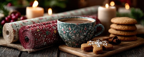 Christmas cozy scene with wrapping paper, hot chocolate mug, snowflake cookies and candles