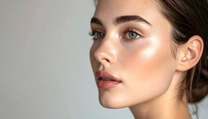 Retrato femenino de perfil con piel luminosa y maquillaje natural