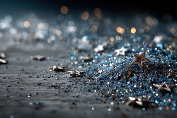 Blue glitter scene with star-shaped ornaments and bokeh lights on a sparkling snowy surface