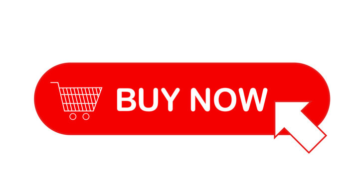 Shopping Cart Buy Now Button. Click Here Button. Buy now red button with hand cursor. Button hand pointer clicking. Click here banner. Online shopping.