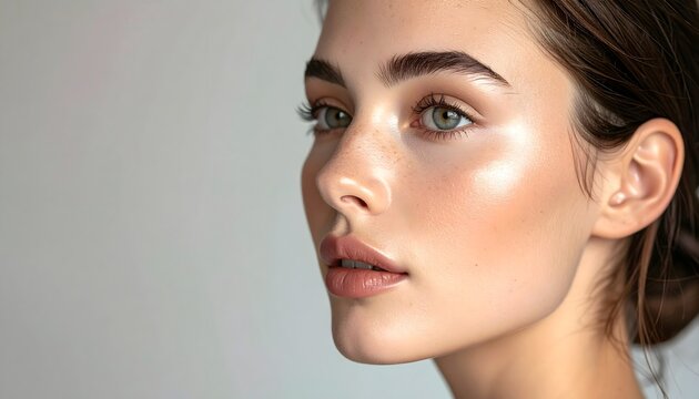 Retrato femenino de perfil con piel luminosa y maquillaje natural