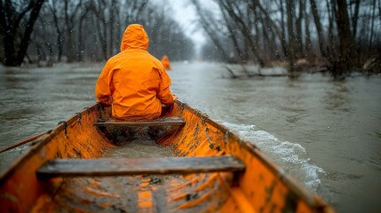 A rear view shows rescuers pulling an empty boat through gentle floodwater, mixing calm scenery with active effort.