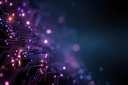 Glowing purple circuit board background with digital lights and futuristic tech vibe for tech concepts