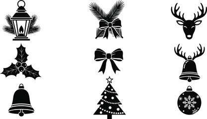 Christmas silhouette icon set, festive holiday ornaments and decorations, reindeer heads, bells, lanterns, bows, pine branches, holly berries, decorated tree, star © MST