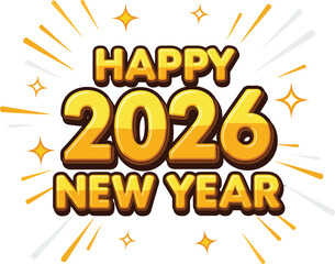 Fototapeta premium Festive Happy 2026 New Year greeting in a bold golden 3D font with sparkling accents.