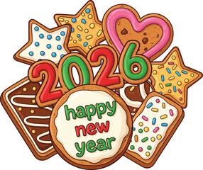 Festive assortment of decorated gingerbread cookies celebrating Happy New Year 2026 with colorful icing and sprinkles.