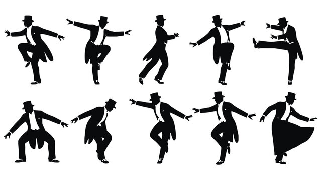 Vintage silhouette dancing men in top hats and tailcoats vector
