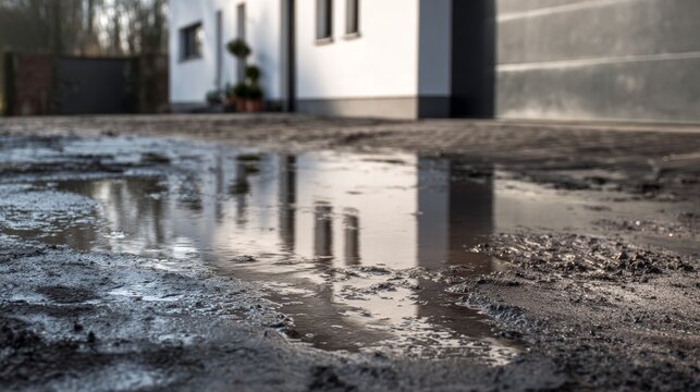 A modern house facade faces a mud-filled driveway, with textured earth and subtle surface reflections.
