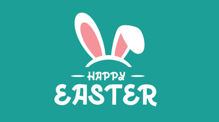 Joyful Happy Easter graphic design featuring cute white bunny ears on a vibrant teal background celebrating the spring holiday season