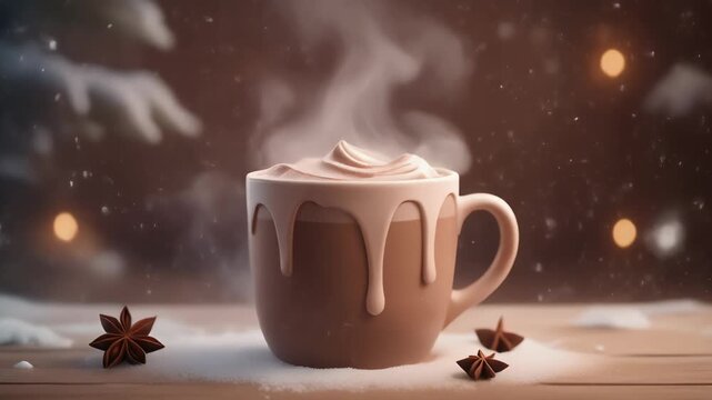 a warm hot chocolate mug, steam effects, cozy and cute 3D winter scene