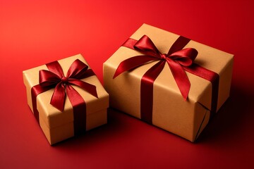 Obraz premium Golden Christmas Gift Boxes with Red Ribbon Bows on a Festive Red Background