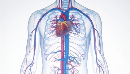 A digital rendering of a male figure highlights the cardiovascular system—heart, arteries, and veins—set against glowing abstract neural patterns, emphasizing anatomical complexity and internal connec