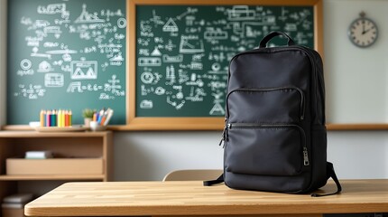 black backpack placed on a wooden floor in front of a chalkboard filled with various mathematical equations and diagrams