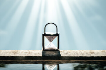Sunlit hourglass sand timer reflection minimalist calm time concept