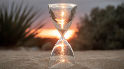 Golden hour hourglass on sand at sunset casting warm light and gentle sparkle, serene passage of time and reflective mood