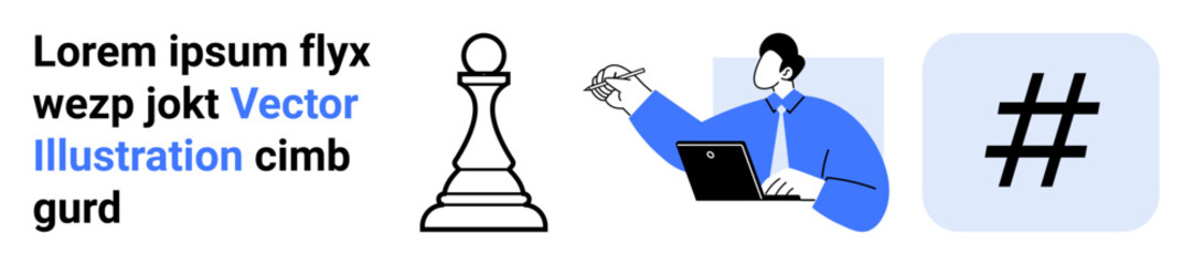 Obraz premium Chess pawn, analyst writing with laptop, and metadata tag symbol. Ideal for strategy, social media, teamwork, leadership, planning, creativity simple landing page