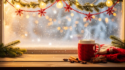 aesthetic holiday decor, steaming hot chocolate on wooden table