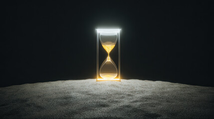 Golden hourglass on dark textured surface with warm glow and dramatic lighting