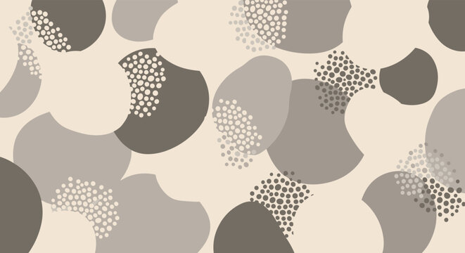 A sophisticated seamless pattern of abstract overlapping shapes and dot clusters in neutral, earthy tones of beige, gray, and brown.