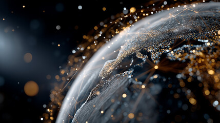 Global Network: The image is a captivating view of the earth, encircled by a network of illuminated lights, symbolizing the intricate connections of global technology.