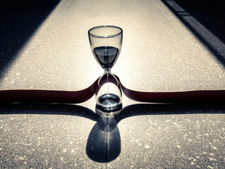 Hourglass glass timer on terrazzo floor with dramatic sunlight and shadow creating reflective silhouette