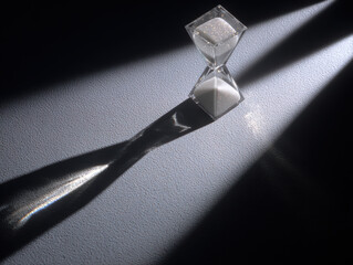 Crystal hourglass sand timer minimalist still life dramatic shadow textured surface directional light