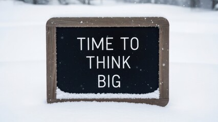 Blackboard saying "TIME TO THINK BIG" in snowy field, framed in brown, gray
