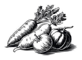 Vintage style woodcut depiction of fresh carrots, a tomato, and a pumpkin, perfect for healthy food promotion and harvest themes