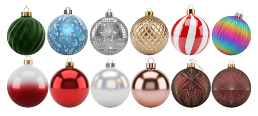 An exquisite collection of twelve distinct Christmas ornaments featuring a wide range of colors textures and festive patterns against a dark background perfect for holiday themes