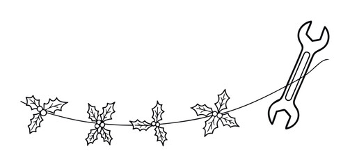 Festive holly garland strung with a wrench, perfect for holiday crafting and seasonal workshop themes representing a blend of celebration and utility.