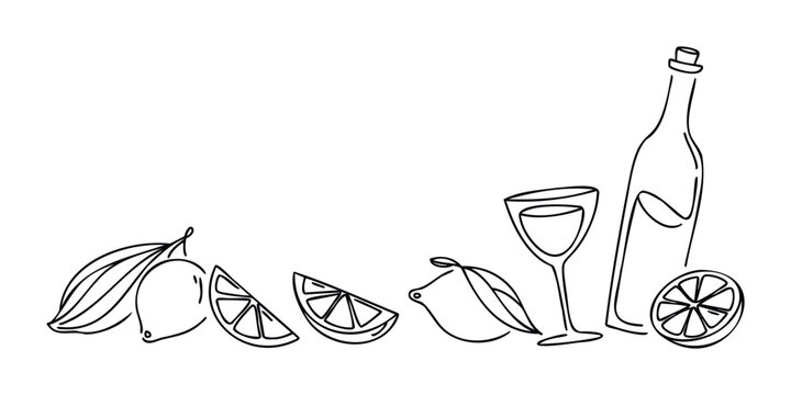 Simple line drawing of lemons slices and whole fruit with a glass and bottle suggesting refreshment and beverages for summer drinks and cocktails perfect for menus and invitations