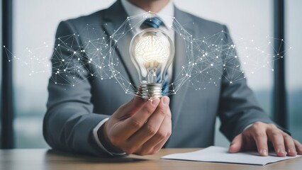 Businessman holds lightbulb with brain inside, connected network overlayed