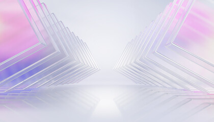 Hologram 3d glass tunnel perspective. Pastel hall with transparent triangle arrows and rainbow gradient. Abstract futuristic white corridor of geometric lines in pink and blue colors. 3D illustration