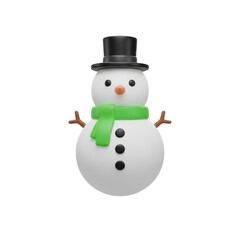 3D icon of a snowman figure wearing a green scarf and top hat, 3D plastic texture, transparent background